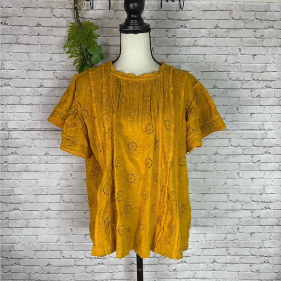 Forever That Girl Mustard Marigold Yellow Eyelet Boho Blouse - Picture 1 of 6